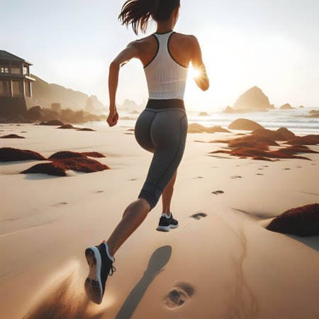 Athletic woman running on the beach at sunrise. Fitness and healthy lifestyle concept. Back viewの素材