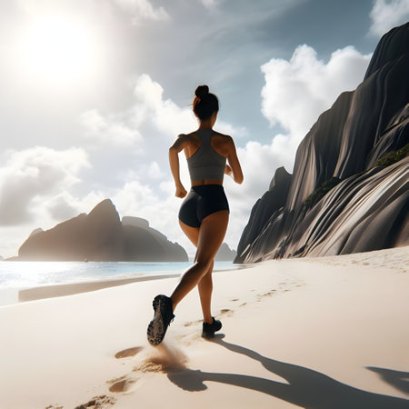 Back view of fit woman running on the beach. Healthy lifestyle fitness concept.の素材