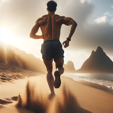 Athletic man running on the beach at sunset. Sport conceptの素材