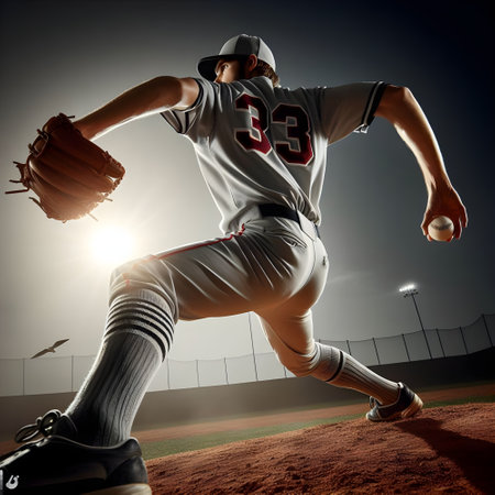 Baseball player in action on the field. low angle viewの素材
