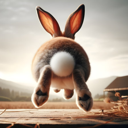 Easter bunny on the wooden floor in the village. Easter holiday concept. Back viewの素材