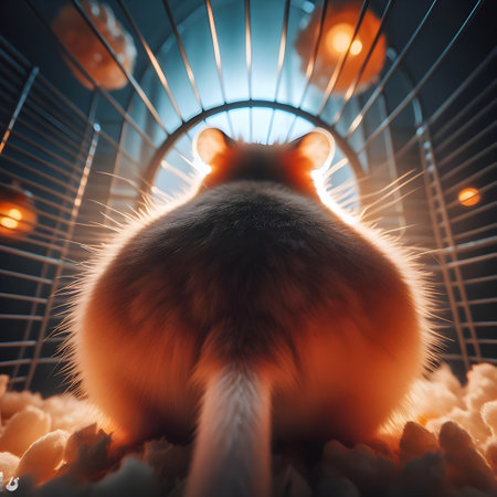 Hamster in a cage on a dark background. The concept of ill treatment of pets, Back viewの素材
