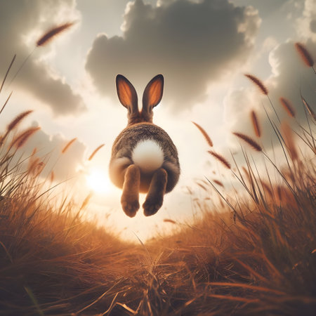 Rabbit jumping in the meadow at sunset. 3d renderingの素材