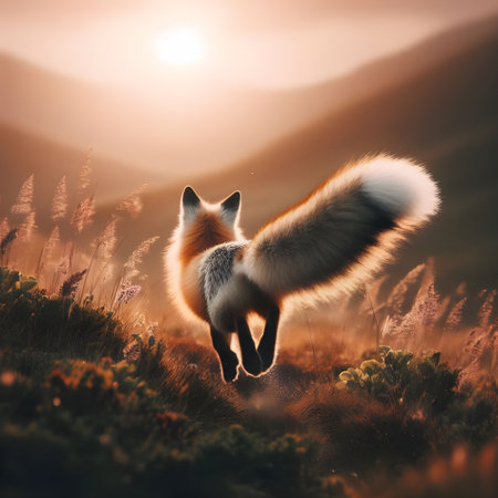 Red fox running in the meadow at sunset. Back viewの素材