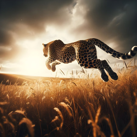 Leopard jumping in the field at sunset. Back viewの素材