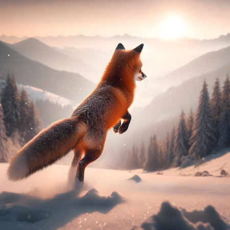 Red fox jumping in the winter forest at sunset.  Back viewの素材