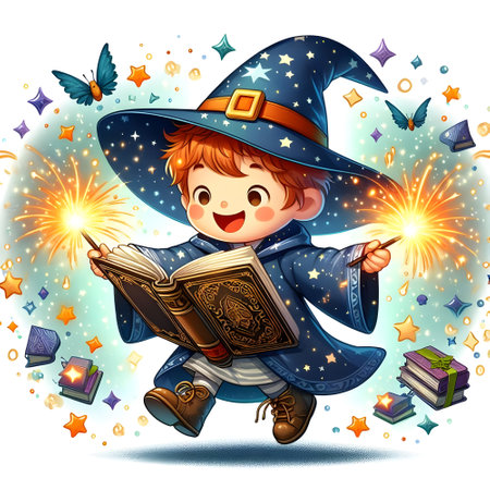 Illustration of a boy in a wizard costume holding a magic bookの素材