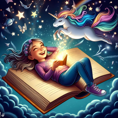 Girl reading magic book with magical unicorn in the night sky, education imagination concept illustrationの素材