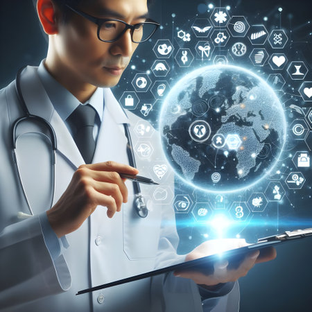 Close up of male doctor using tablet pc with medical icons on dark backgroundの素材