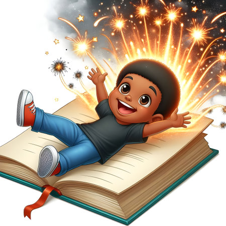 Illustration of a boy lying on a book with fireworks in the backgroundの素材