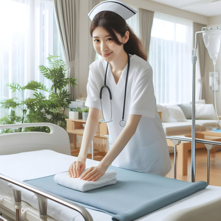 Beautiful young asian nurse in uniform is cleaning the bed in the hospital.の素材