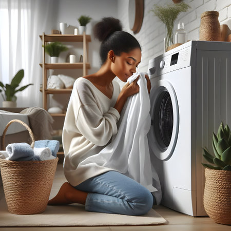 Young black woman doing laundry at home, sitting on floor near washing machineの素材