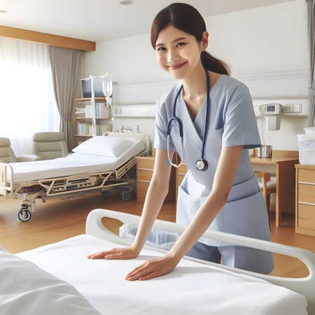 Beautiful asian female doctor or nurse with stethoscope and hospital bed in the roomの素材