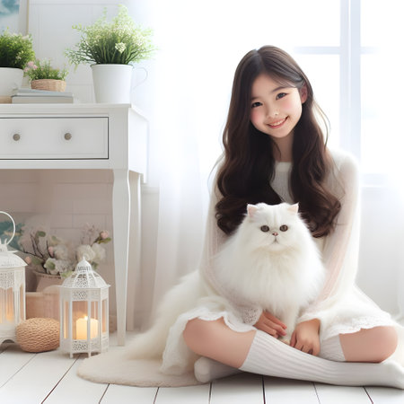 beautiful asian woman with white cat sitting on the floor at homeの素材