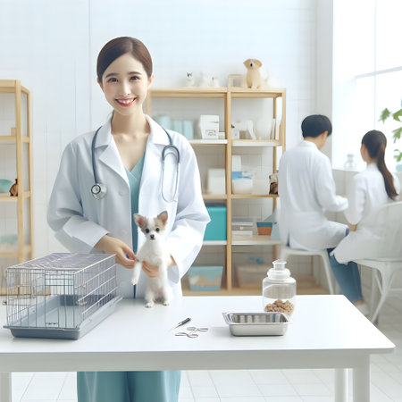 asian female veterinarian with cute dog in vet clinic, pet care conceptの素材