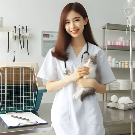 beautiful asian female veterinarian holding cute cat in clinic, pet care conceptの素材