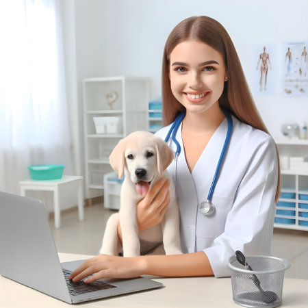 Female veterinarian with cute dog and laptop in clinic. Pet care conceptの素材