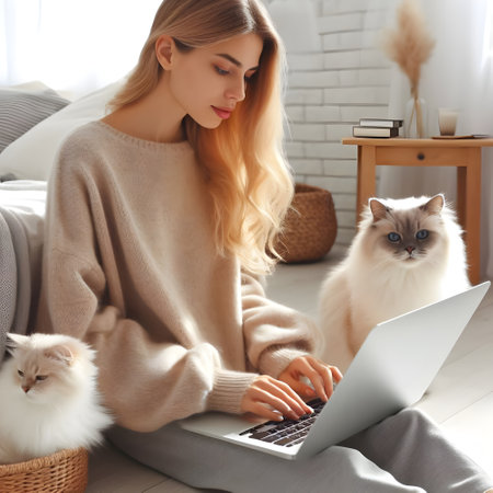 Beautiful young woman with cat using laptop at home, closeupの素材