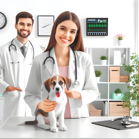 Veterinarian with cute dog in vet office. Animal care conceptの素材