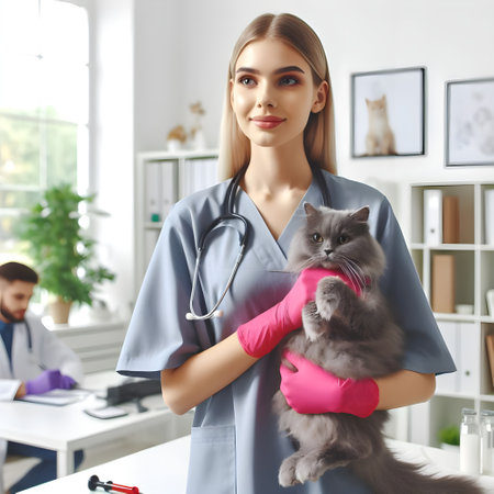 Veterinarian doctor with cat in vet office. Pet care conceptの素材