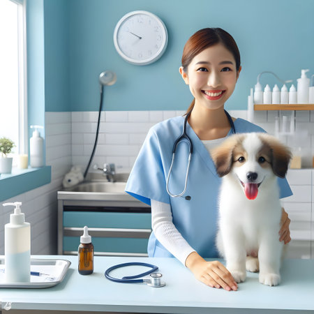 beautiful asian veterinarian with cute dog at vet clinic, asianの素材
