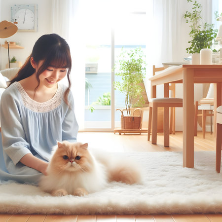 Beautiful asian woman sitting on the floor with cat at homeの素材