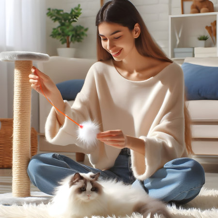 Beautiful young woman with cute cat at home. Pet care conceptの素材