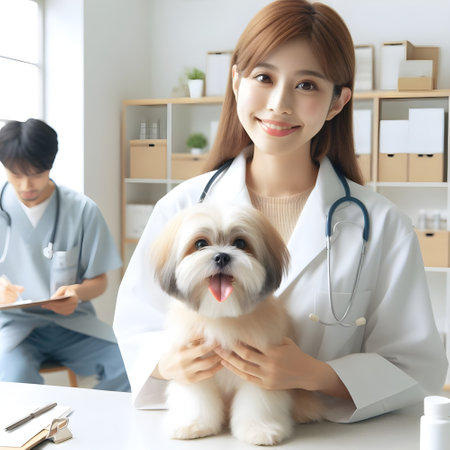 veterinarian doctor and cute dog in vet clinic, asianの素材