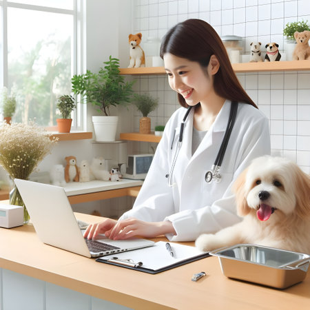 veterinarian doctor using laptop computer to take care of dog in vet clinicの素材