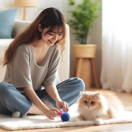 Young woman playing with cat on floor at home. Pet care conceptの素材