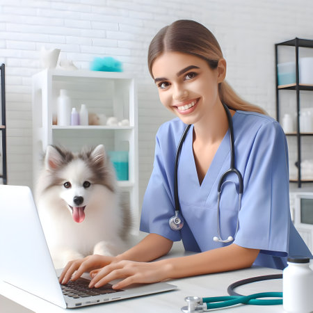 Beautiful young veterinarian with dog and laptop in clinic, closeupの素材