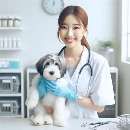 Female veterinarian with dog and laptop in clinic. Online medical consultation conceptの素材