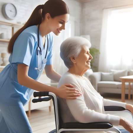 Caregiver concept. Cheerful young woman looking at her patient in wheelchairの素材