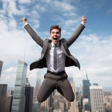 excited businessman jumping in the air with cityscape on the backgroundの素材