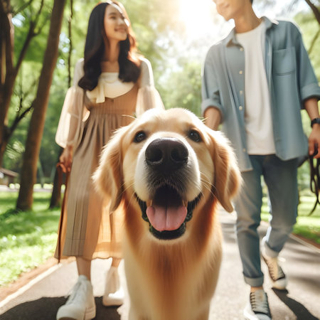 Young couple walking with golden retriever dog in the park on summer dayの素材