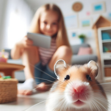 Cute little hamster POV shot and girl playing with digital tablet at homeの素材