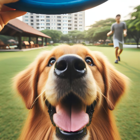 Golden Retriever dog looking at the camera in the park.の素材