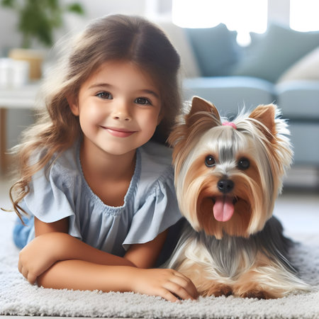 Cute little girl with terrier dog on carpet at homeの素材