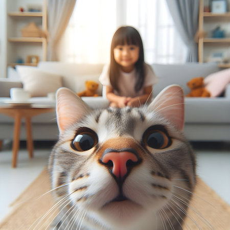 Cute cat looking at camera and smiling, blurred asian girl sitting on sofa in living room.の素材