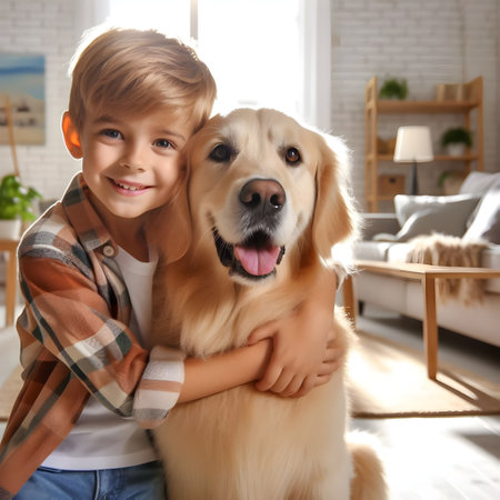Cute little boy with his dog at home. Pet care concept, happy childhoodの素材