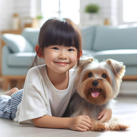Little asian girl with yorkshire terrier in the living room,  pet-care concept, happy childhoodの素材