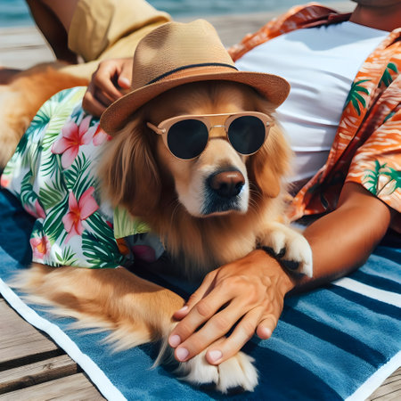 cropped shot of man with golden retriever with sunglasses lying on beachの素材