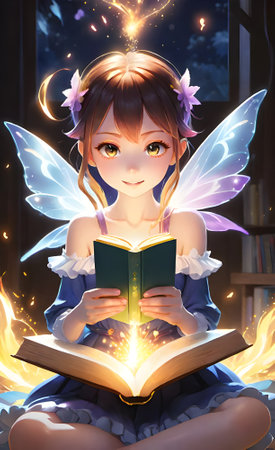3D Illustration of a cute fairy reading a book at nightの素材