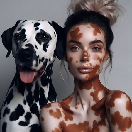 Portrait of beautiful young woman with dalmatian dog. Both have skin condition called vitiligo.の素材