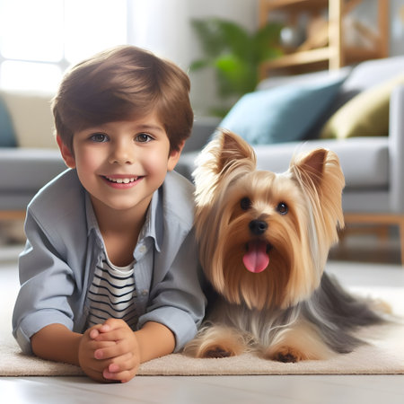 Cute little boy with yorkshire terrier at home on the floor,  pet-care concept, happy childhoodの素材