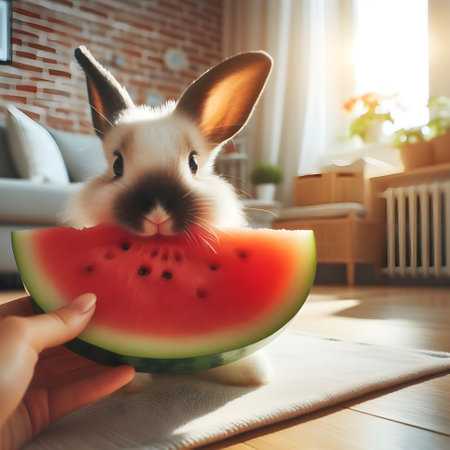 Cute little bunny eating watermelon at home. Easter concept.の素材