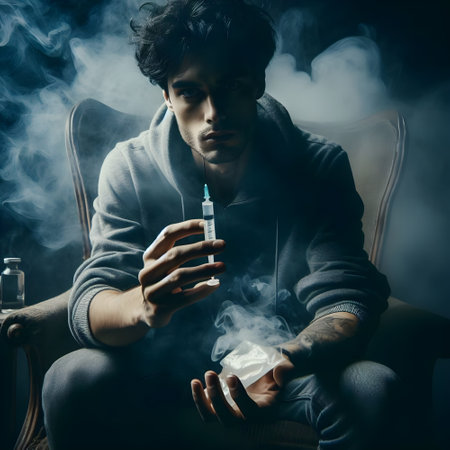 Young gaunt man with a syringe in his hand. Smoke background. Addiction concept.の素材