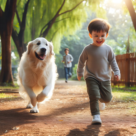 Cute little boy running with his dog in the parkの素材