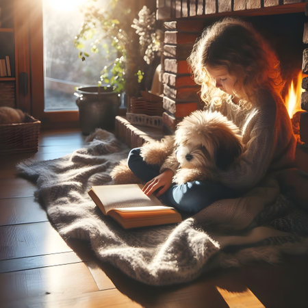 Little girl reading a book with her dog near the fireplace at homeの素材