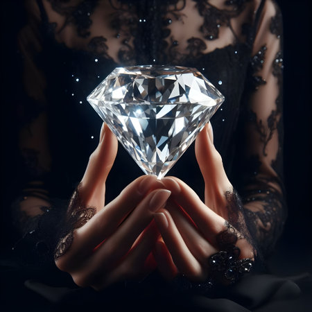 Diamond in the hands of a beautiful woman on a black background.の素材